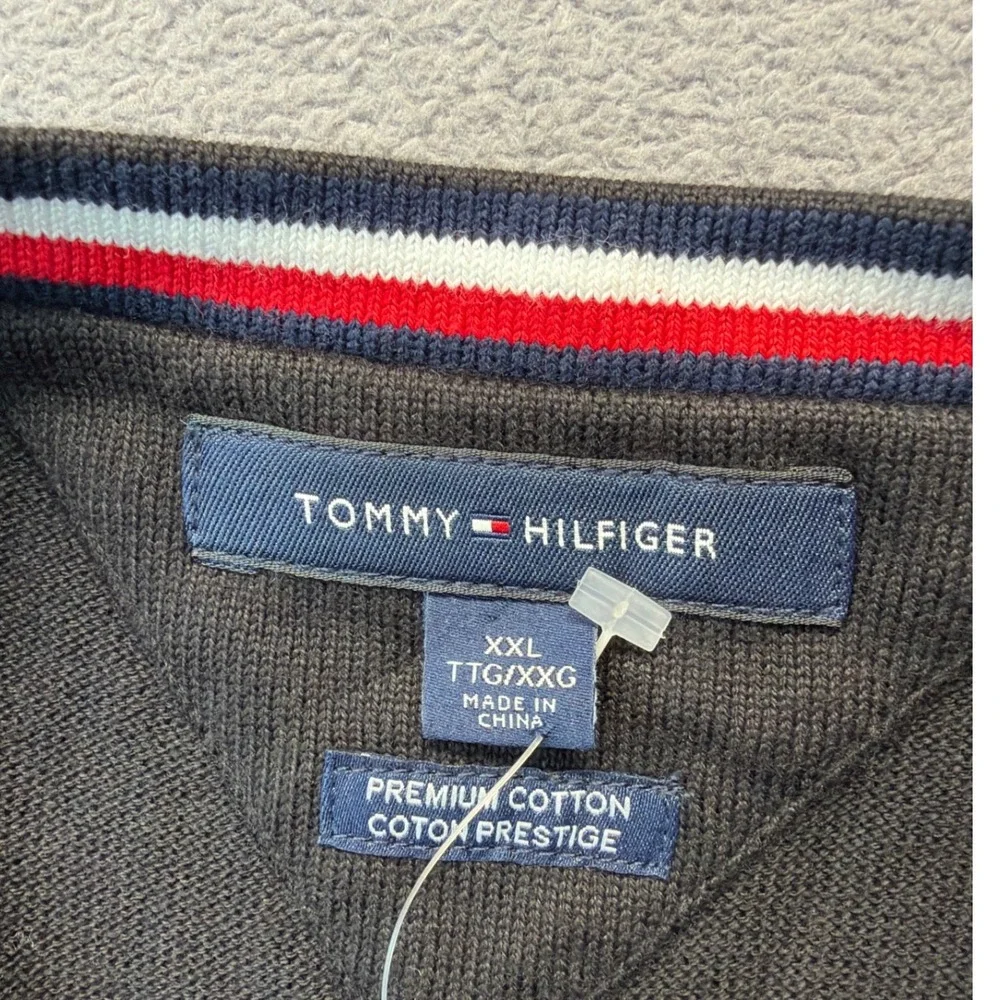 Tommy Hilfiger Men XXL Black Premium Cotton V-Neck Logo Knit Sweater Long Sleeve